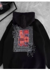 Kadın Kapüşonlu Kanguru Cepli Sweatshirt 3 İplik Pamuklu Baskılı Hoodie - Siyah