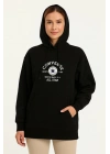 Kadın Kapüşonlu Kanguru Cepli Sweatshirt 3 İplik Pamuklu Baskılı Hoodie - Siyah