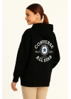 Kadın Kapüşonlu Kanguru Cepli Sweatshirt 3 İplik Pamuklu Baskılı Hoodie - Siyah