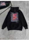 Kadın Kapüşonlu Kanguru Cepli Sweatshirt 3 İplik Pamuklu Baskılı Hoodie - Siyah