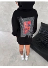 Kadın Kapüşonlu Kanguru Cepli Sweatshirt 3 İplik Pamuklu Baskılı Hoodie - Siyah