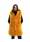 Kadın Kapüşonlu Peluş Kürk Yelek Premium Kalite Tam Astarlı Uzun Model - Sarı