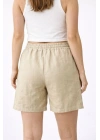 Kadın Keten Kumaş Cepli Rahat Kesim Bel Lastikli Şort - Bej