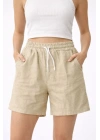 Kadın Keten Kumaş Cepli Rahat Kesim Bel Lastikli Şort - Bej