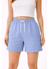 Kadın Keten Kumaş Cepli Rahat Kesim Bel Lastikli Şort - Mavi