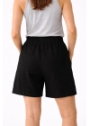 Kadın Keten Kumaş Cepli Rahat Kesim Bel Lastikli Şort - Siyah