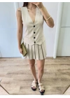 Kadın Keten Takım Görünümlü Düğme Detaylı Yelekli Mini Elbise - Bej