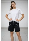 Kadın Kısa Kol Oversize Kalıp Tişört Şort ikili Takım Kontrast Dikişli - Beyaz