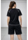 Kadın Kısa Kol Oversize Kalıp Tişört Şort ikili Takım Kontrast Dikişli - Siyah