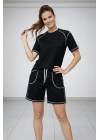 Kadın Kısa Kol Oversize Kalıp Tişört Şort ikili Takım Kontrast Dikişli - Siyah