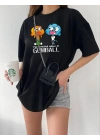 Kadın Kısa kol Tişört Bisiklet Yaka Baskılı Oversize T-Shirt - Siyah
