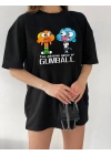 Kadın Kısa kol Tişört Bisiklet Yaka Baskılı Oversize T-Shirt - Siyah