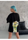 Kadın Kısa Kol Yazlık Tişört Bisiklet Yaka Baskılı Oversize T-Shirt - Siyah