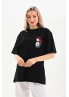 Kadın Kısa Kol Yazlık Tişört Bisiklet Yaka Baskılı Oversize T-Shirt - Siyah