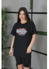 Kadın Kısa Kol Yazlık Tişört Bisiklet Yaka Baskılı Oversize T-Shirt - Siyah