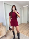 Kadın Kısa Kollu Bluz Mini Etekli ikili Takım Triko - Bordo