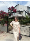 Kadın Kısa Kollu Uzun Yandan Yırtmaçlı Elbise - Bej
