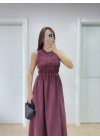 Kadın Kolsuz Göğüs Lastıklı %100 Poplin Uzun Elbise - Bordo
