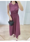 Kadın Kolsuz Göğüs Lastıklı %100 Poplin Uzun Elbise - Bordo