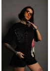 Kadın Mario Baskılı T-Shirt Oversize Kısa kol Bisiklet yaka tişort - Siyah