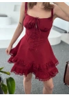 Kadın Mini Askılı Elbise - Bordo