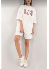 Kadın Nakış İşlemeli Şort Kısa kol Alt-Üst Takım - Beyaz