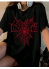 Kadın Örümcek Ağ Baskılı T-Shirt Kısa Kol Bisiklet Yaka Oversize Tişört - Siyah