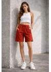 Kadın otoban Dokuma Kumaş Beli Lastikli, Cepli, Yazlık Şort - Turuncu