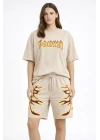 Kadın Oversize Baskılı Tişört Cepli Şort ikili Takım Kombin - Bej