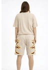 Kadın Oversize Baskılı Tişört Cepli Şort ikili Takım Kombin - Bej