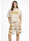 Kadın Oversize Baskılı Tişört Cepli Şort ikili Takım Kombin - Bej