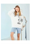 Kadın Oversize Kapüşonlu Baskılı 3 İplik Pamuklu Hoodie Sweatshirt - B