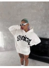 Kadın Oversize Kapüşonlu Cepli Baskılı 3 İplik Pamuklu Hoodie Sweatshirt - Beyaz