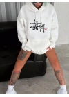 Kadın Oversize Kapüşonlu Cepli Baskılı 3 İplik Pamuklu Hoodie Sweatshirt - Beyaz
