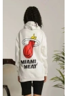 Kadın Oversize Kapüşonlu Cepli Baskılı 3 İplik Pamuklu Hoodie Sweatshirt - Beyaz
