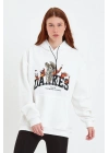 Kadın Oversize Kapüşonlu Cepli Baskılı 3 İplik Pamuklu Hoodie Sweatshirt - Beyaz