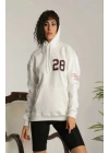 Kadın Oversize Kapüşonlu Cepli Baskılı 3 İplik Pamuklu Hoodie Sweatshirt - Beyaz
