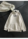 Kadın Oversize Kapüşonlu Cepli Baskılı 3 İplik Pamuklu Hoodie Sweatshirt - Beyaz
