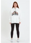 Kadın Oversize Kapüşonlu Cepli Baskılı 3 İplik Pamuklu Hoodie Sweatshirt - Beyaz