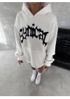 Kadın Oversize Kapüşonlu Cepli Baskılı 3 İplik Pamuklu Hoodie Sweatshirt - Beyaz