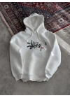 Kadın Oversize Kapüşonlu Cepli Baskılı 3 İplik Pamuklu Hoodie Sweatshirt - Beyaz