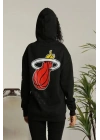 Kadın Oversize Kapüşonlu Cepli Baskılı 3 İplik Pamuklu Hoodie Sweatshirt - Siyah