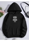 Kadın Oversize Kapüşonlu Cepli Baskılı 3 İplik Pamuklu Hoodie Sweatshirt - Siyah