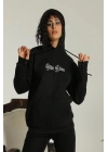 Kadın Oversize Kapüşonlu Cepli Baskılı 3 İplik Pamuklu Hoodie Sweatshirt -  Siyah