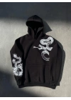 Kadın Oversize Kapüşonlu Cepli Baskılı 3 İplik Pamuklu Hoodie Sweatshirt - Siyah