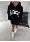 Kadın Oversize Kapüşonlu Cepli Baskılı 3 İplik Pamuklu Hoodie Sweatshirt - Siyah