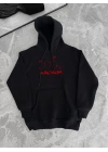 Kadın Oversize Kapüşonlu Cepli Baskılı 3 İplik Pamuklu Hoodie Sweatshirt - Siyah