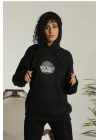 Kadın Oversize Kapüşonlu Cepli Baskılı 3 İplik Pamuklu Hoodie Sweatshirt - Siyah