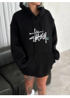 Kadın Oversize Kapüşonlu Cepli Baskılı 3 İplik Pamuklu Hoodie Sweatshirt - Siyah