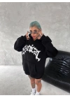 Kadın Oversize Kapüşonlu Cepli Baskılı 3 İplik Pamuklu Hoodie Sweatshirt - Siyah